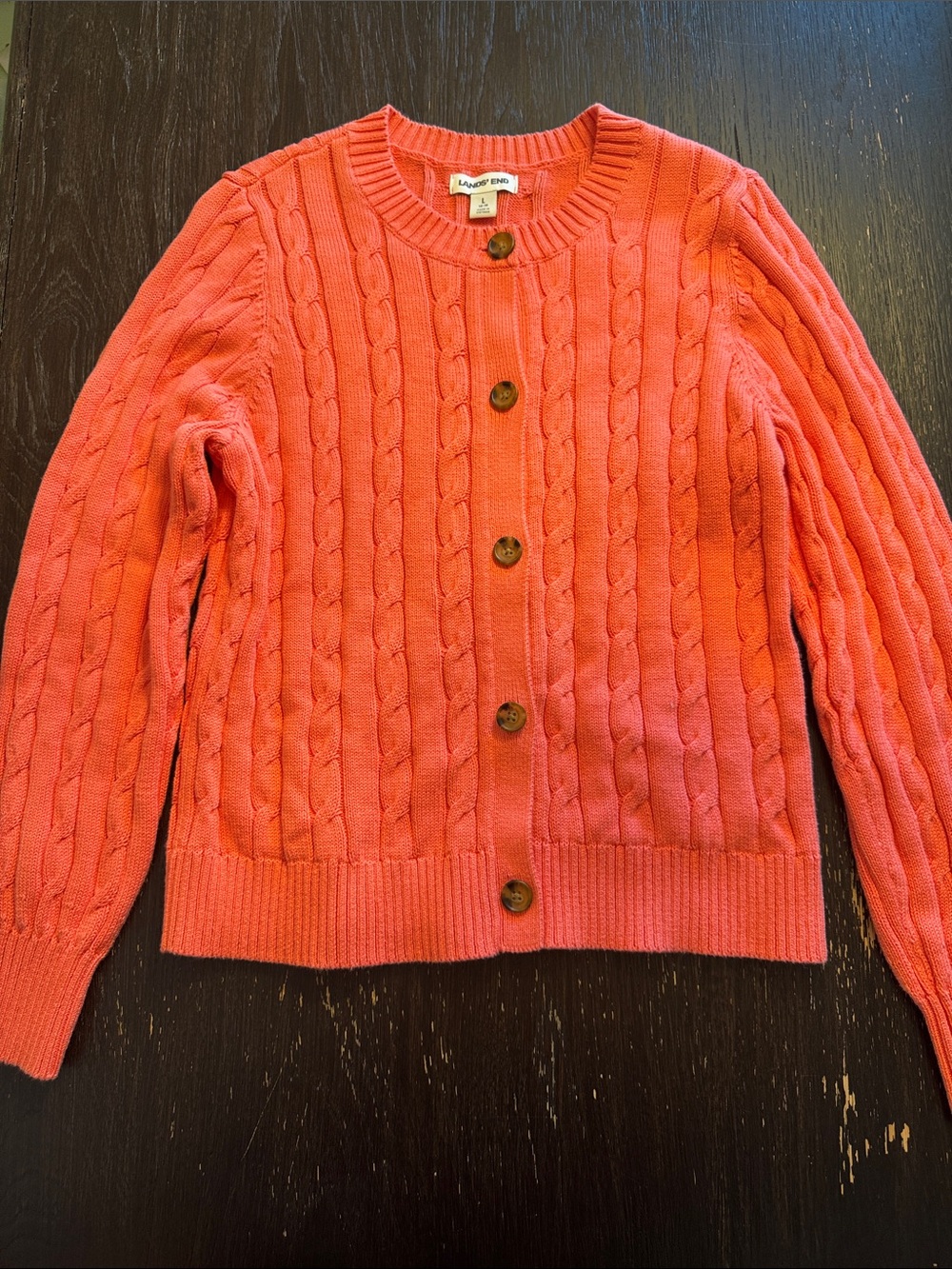 Lands' End Coral Cable-Knit Button-Front Cardigan